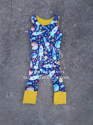 Rockets grow with me shoulder snap romper overalls, 3-12m, envelope bum, READY TO SHIP